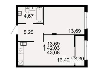 1-к квартира, строящийся дом, 42м2, 6/9 этаж