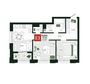 2-к квартира, вторичка, 52м2, 9/19 этаж