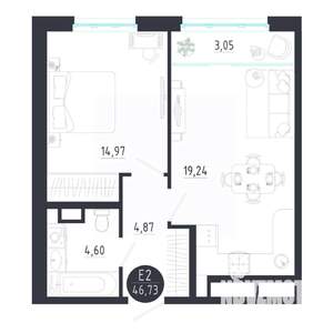 1-к квартира, строящийся дом, 47м2, 6/8 этаж