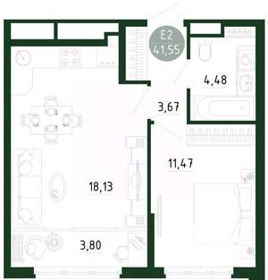 1-к квартира, строящийся дом, 42м2, 24/25 этаж