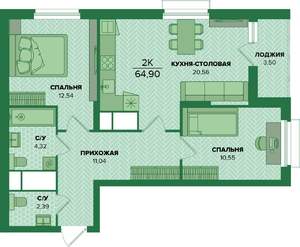 2-к квартира, вторичка, 65м2, 13/25 этаж