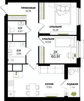 2-к квартира, строящийся дом, 61м2, 13/25 этаж