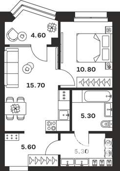 1-к квартира, строящийся дом, 47м2, 7/24 этаж