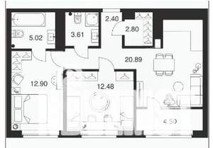 2-к квартира, вторичка, 65м2, 4/14 этаж
