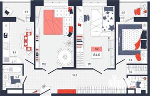 3-к квартира, строящийся дом, 84м2, 12/14 этаж