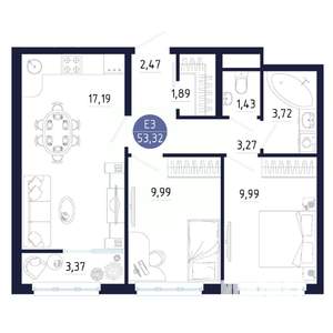 2-к квартира, строящийся дом, 53м2, 16/25 этаж