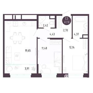 2-к квартира, вторичка, 61м2, 8/10 этаж