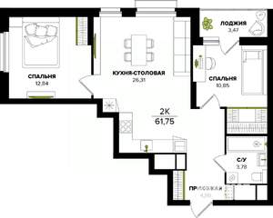 2-к квартира, вторичка, 62м2, 2/25 этаж