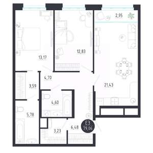 2-к квартира, строящийся дом, 79м2, 8/8 этаж