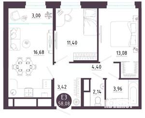 2-к квартира, вторичка, 58м2, 9/10 этаж