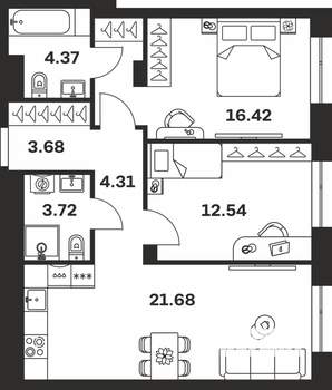 2-к квартира, вторичка, 67м2, 1/7 этаж