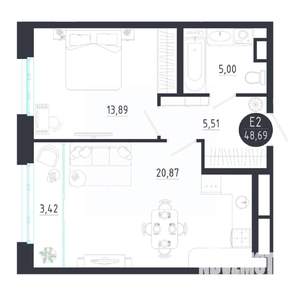 1-к квартира, строящийся дом, 49м2, 6/8 этаж