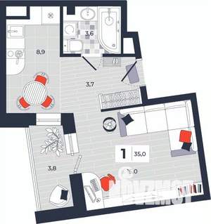 1-к квартира, строящийся дом, 35м2, 9/14 этаж