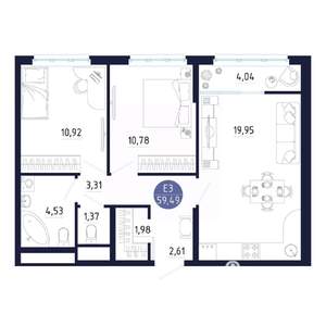 2-к квартира, строящийся дом, 59м2, 23/25 этаж