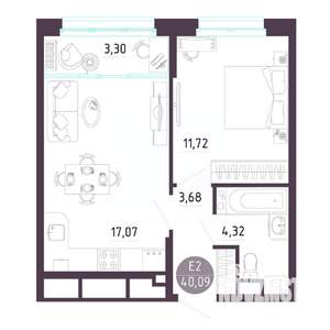 1-к квартира, строящийся дом, 40м2, 2/10 этаж