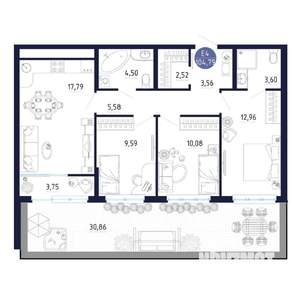 3-к квартира, строящийся дом, 105м2, 1/25 этаж