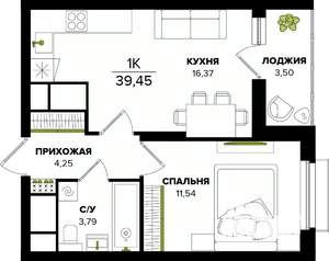 1-к квартира, строящийся дом, 39м2, 4/25 этаж