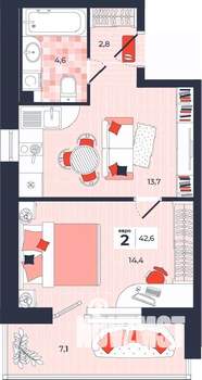 2-к квартира, строящийся дом, 43м2, 2/14 этаж