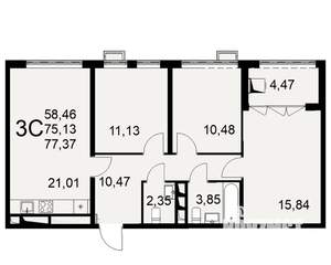 3-к квартира, вторичка, 77м2, 3/16 этаж