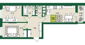 3-к квартира, строящийся дом, 57м2, 2/9 этаж