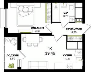 1-к квартира, строящийся дом, 39м2, 23/25 этаж