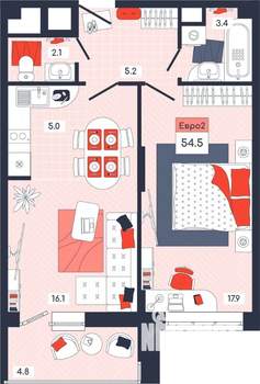 2-к квартира, строящийся дом, 55м2, 14/14 этаж