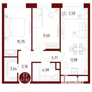 2-к квартира, вторичка, 48м2, 2/10 этаж