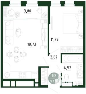 1-к квартира, строящийся дом, 42м2, 1/25 этаж