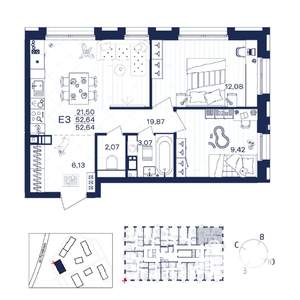 2-к квартира, строящийся дом, 53м2, 8/15 этаж