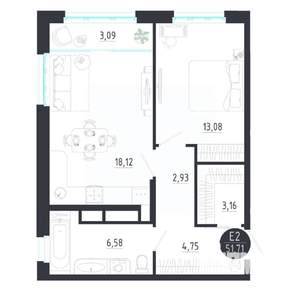 1-к квартира, строящийся дом, 52м2, 6/8 этаж