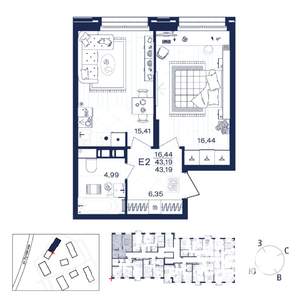 1-к квартира, строящийся дом, 43м2, 2/15 этаж
