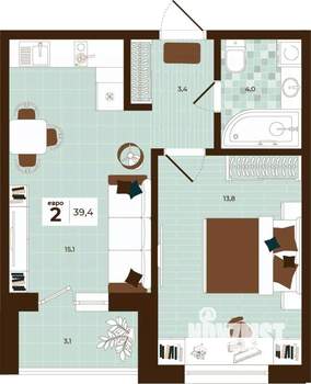 2-к квартира, строящийся дом, 39м2, 9/14 этаж