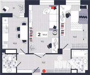2-к квартира, строящийся дом, 64м2, 8/14 этаж