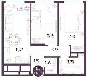 2-к квартира, вторичка, 45м2, 9/10 этаж