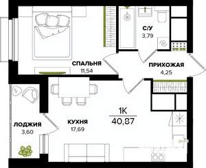 1-к квартира, строящийся дом, 41м2, 2/25 этаж