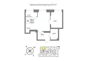 1-к квартира, вторичка, 33м2, 7/11 этаж