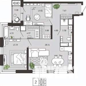 2-к квартира, вторичка, 89м2, 9/21 этаж