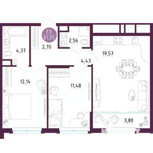 2-к квартира, вторичка, 61м2, 7/10 этаж