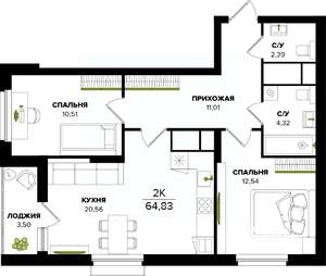 2-к квартира, строящийся дом, 65м2, 22/25 этаж