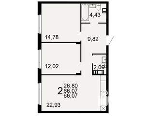 2-к квартира, строящийся дом, 66м2, 3/9 этаж