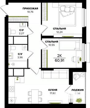 2-к квартира, вторичка, 61м2, 3/25 этаж
