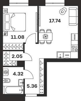 1-к квартира, вторичка, 41м2, 1/7 этаж