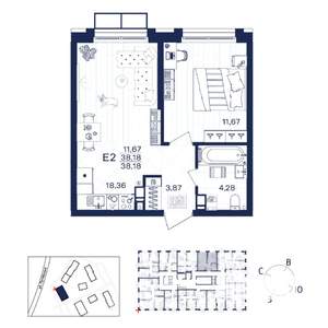 1-к квартира, строящийся дом, 38м2, 12/15 этаж