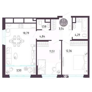 2-к квартира, строящийся дом, 60м2, 10/10 этаж