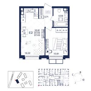 1-к квартира, строящийся дом, 37м2, 9/15 этаж