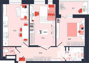 3-к квартира, строящийся дом, 69м2, 3/14 этаж