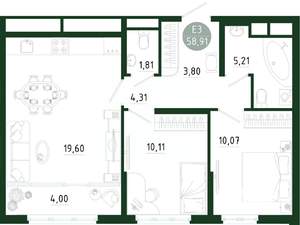 2-к квартира, строящийся дом, 59м2, 20/25 этаж