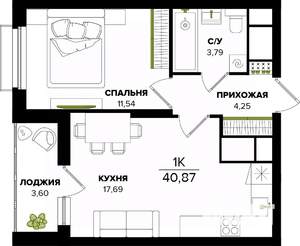 1-к квартира, строящийся дом, 41м2, 20/25 этаж