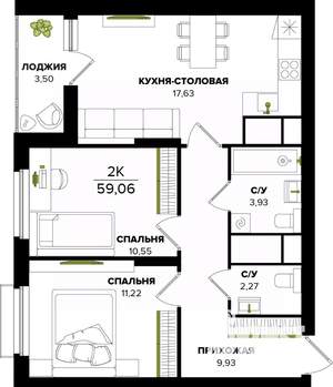 2-к квартира, строящийся дом, 59м2, 18/25 этаж