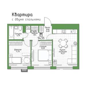2-к квартира, строящийся дом, 55м2, 2/5 этаж